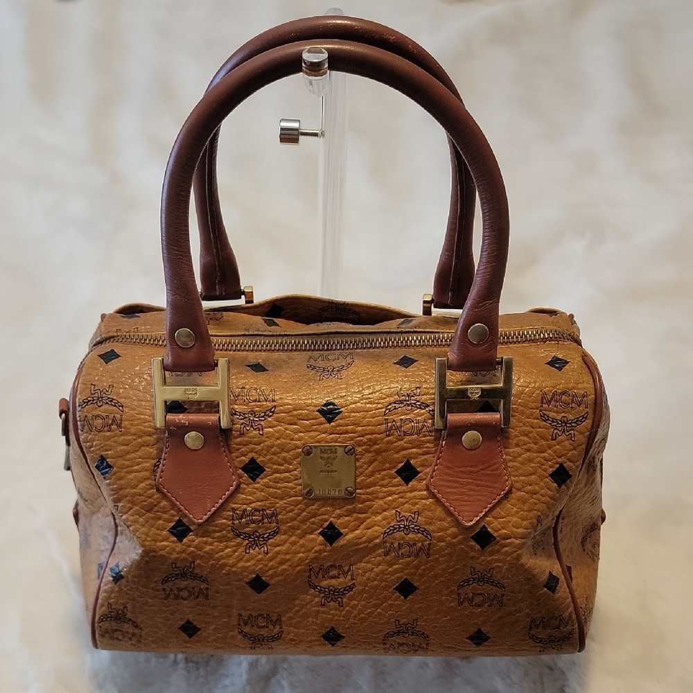 MCM Cognac Leather Visetos Satchel Boston Bag #J0070